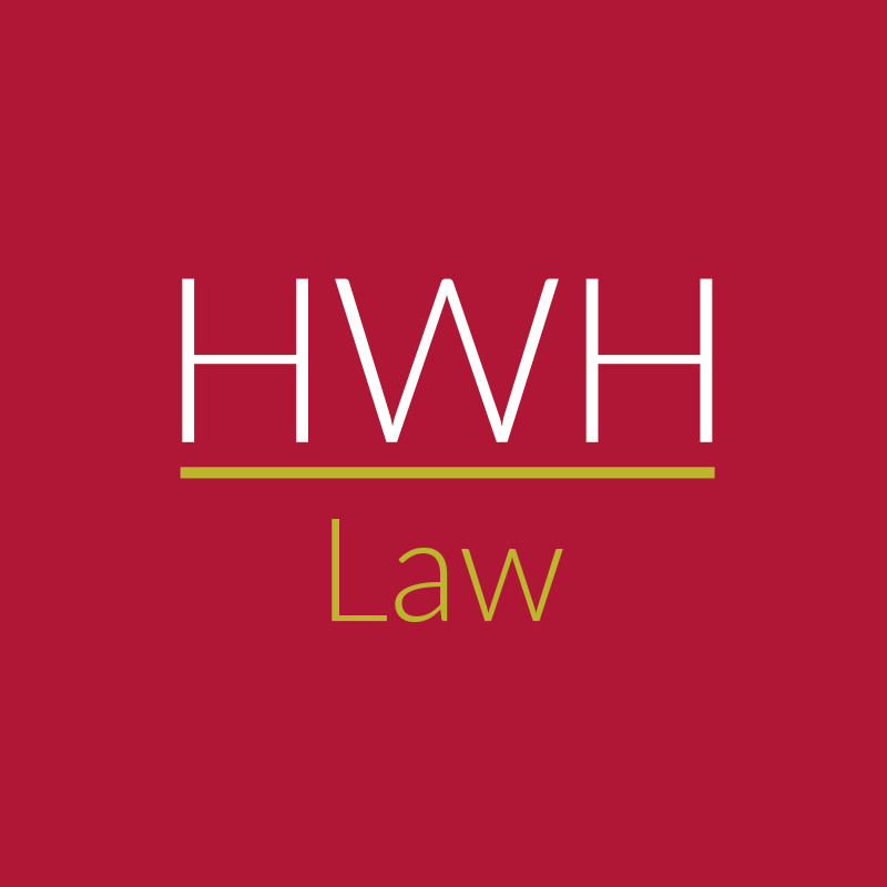The Hallmark Whatley Hulme logo featuring a red background with white and green lettering reading HWH Law.