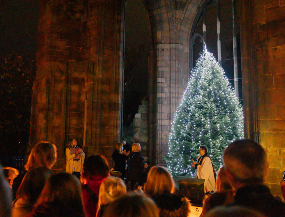People gather in front of a large Christmas tree lit with small shining lights