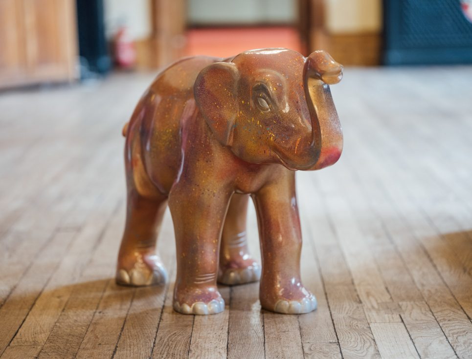 A small, pink elephant sculpture stands on wooden floor boards in the grand surroundings of Worcester's Guildhall.
