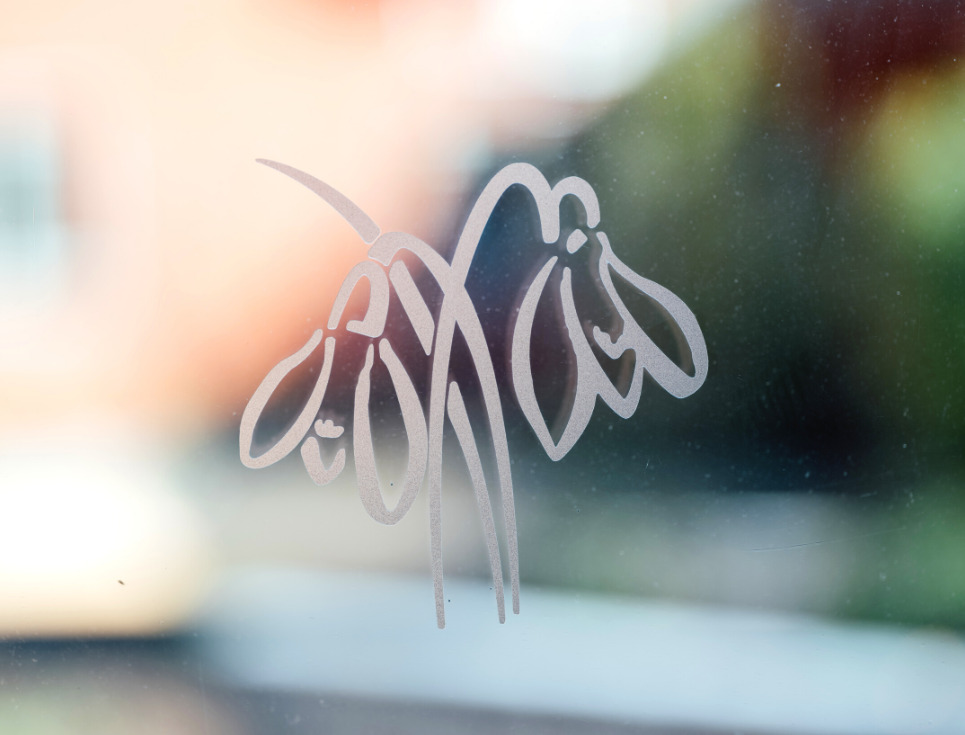 The hospice's logo featuring the outlines of two snowdrops with their stems crossed etched onto a window.