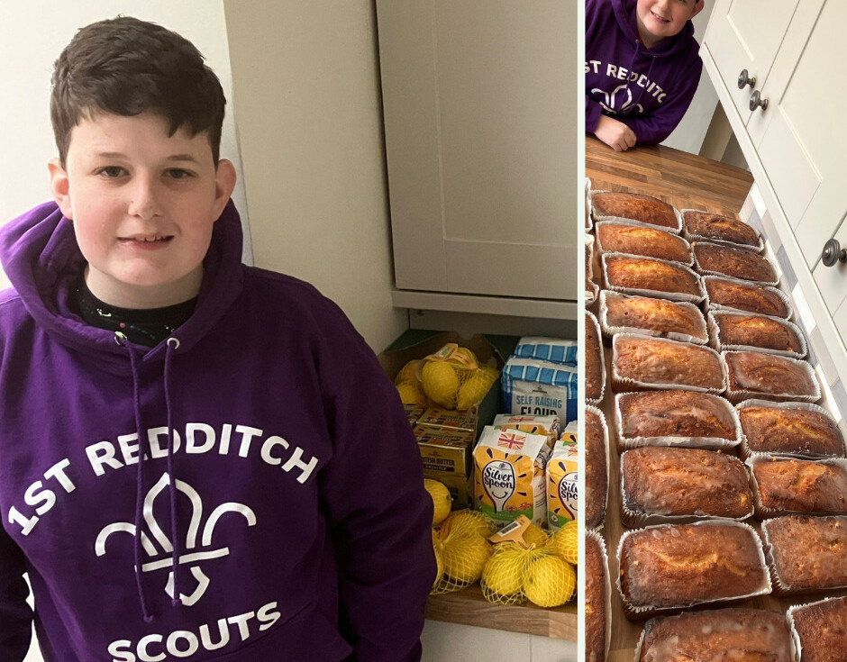 James, stands by large pile of baking ingredients and James with many of the lemon drizzle cakes he has made