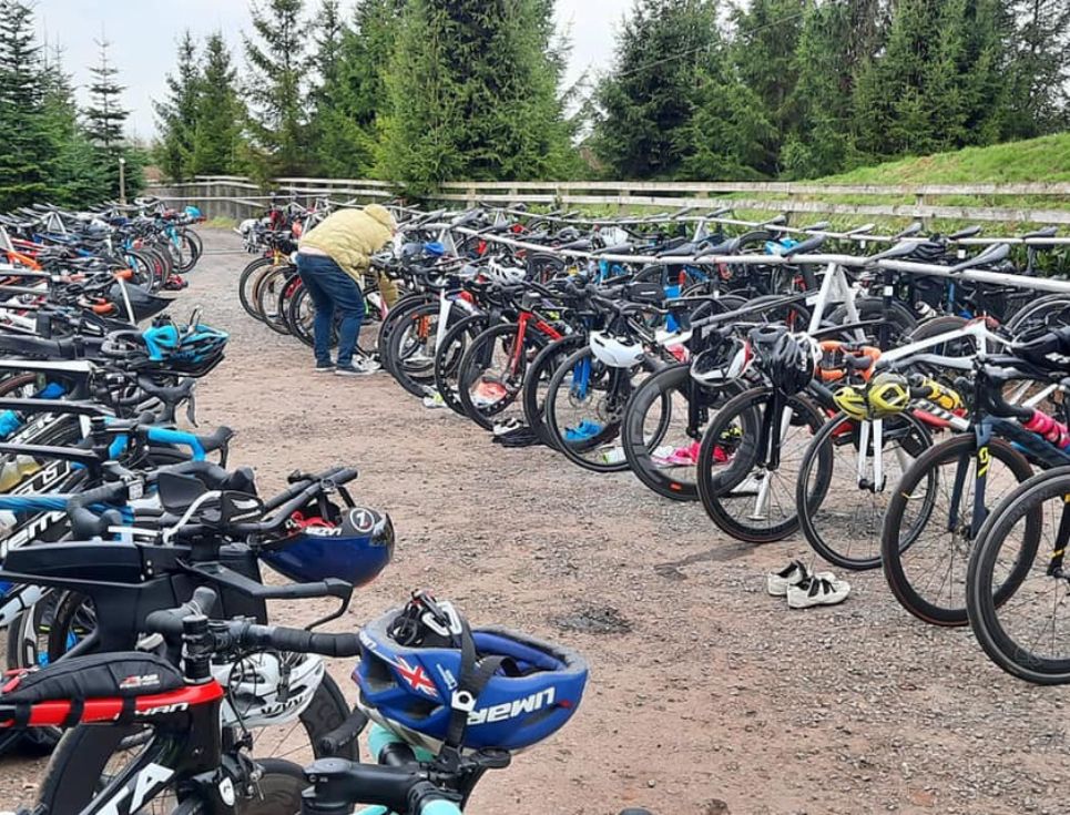 Bikes stacked up ready to be used as part of a duathlon.