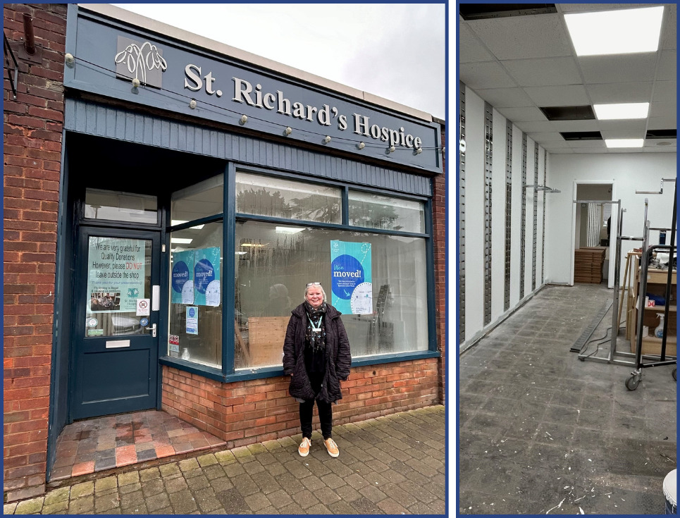 A collage of two images side-by-side with a thin blue border around them. The image on the left is of Esther, shop manager, standing outside the hospice's first shop in Barnards Green. The photo on the right shows the inside of the store as preparations are underway to get it ready to open as a clearance shop.